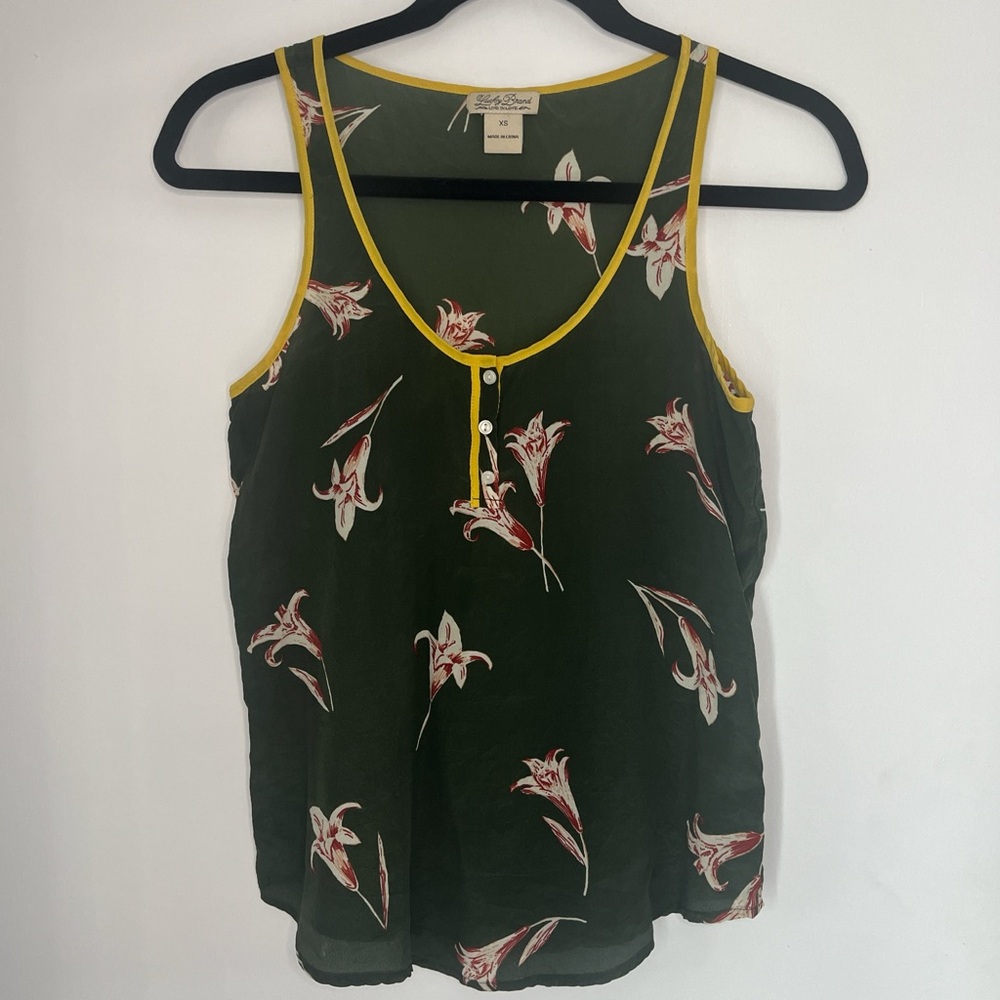 Lucky Brand Green Floral Camisole with Yellow Trim